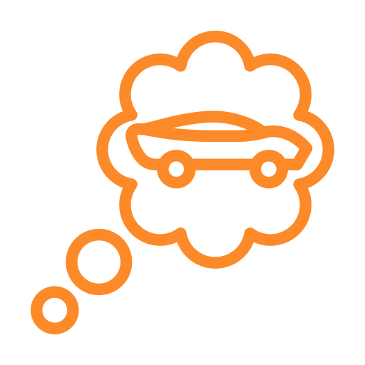 Orange outline of a thought bubble with a sports car inside