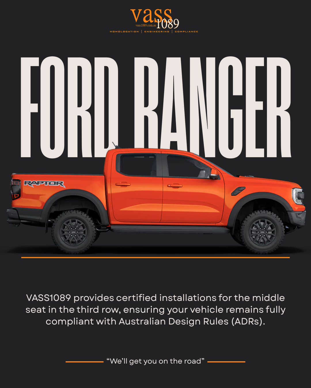 Photo of poster for VASS1089 advertising additional anchor points in the dual cab ford ranger. all installations come with a vass certificate