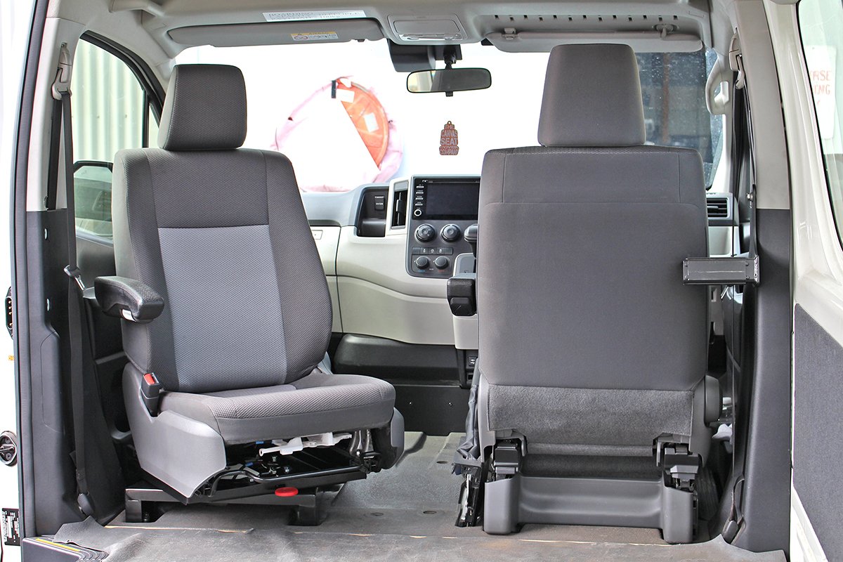 Interior of a Hiace showing driver and passenger seats fitted with swivel bases for use in Australia with a VASS certificate