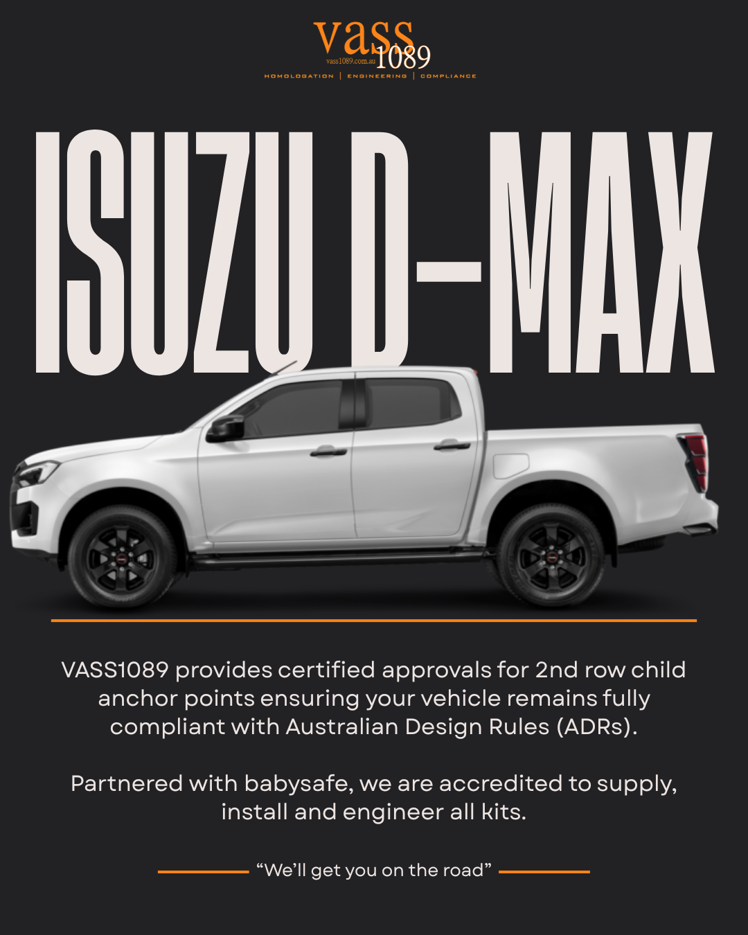 Image of a white pickup truck with large text in the background reading 'ISO 2090 1-D MAX'. The top features the VASS 1089 logo and tagline, and the bottom contains details about certified approvals for vehicle compliance and partnerships with babysafe.