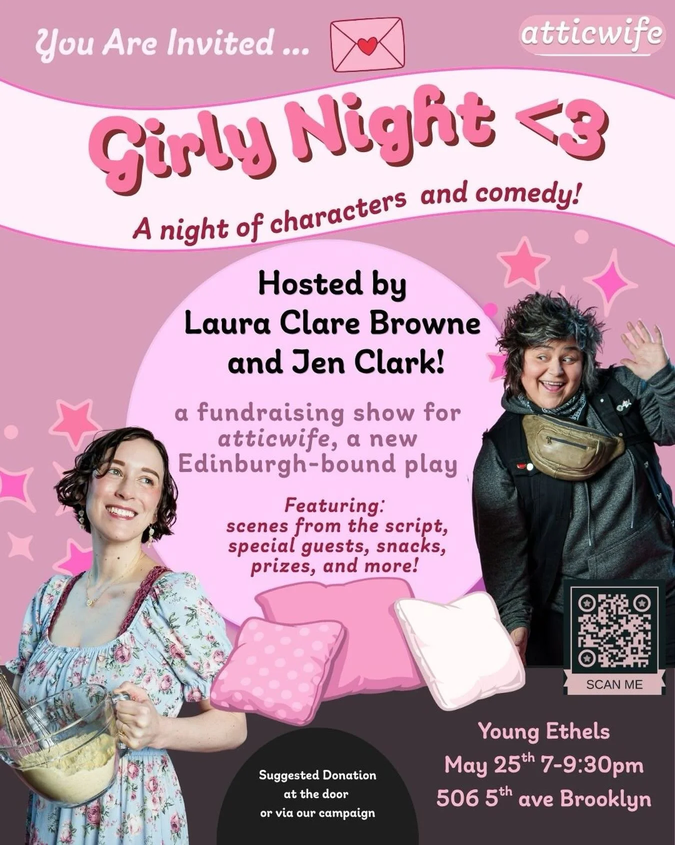 hiiiii wives and mommies!!! come and spend an evening with your favorite atticwives! 💖💖💖 we&rsquo;re putting the FUN in fundraiser with our girly night variety show on may 25th! there will be performances, prizes, snacks, and more!!! lineup coming