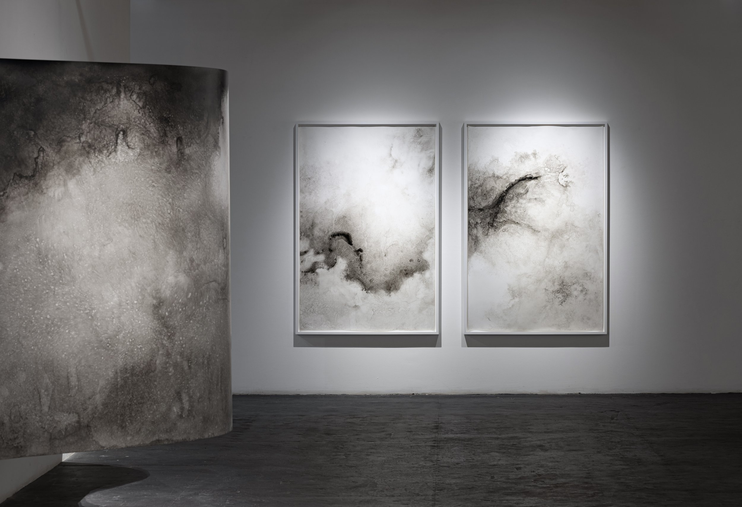 Confluences, 2024 - 🔴 VENDU/SOLD - Collection Desjardins - River water, India ink and glass on Yupo paper - 152 cm x 100 cm (each) - Photo: Michael Patten