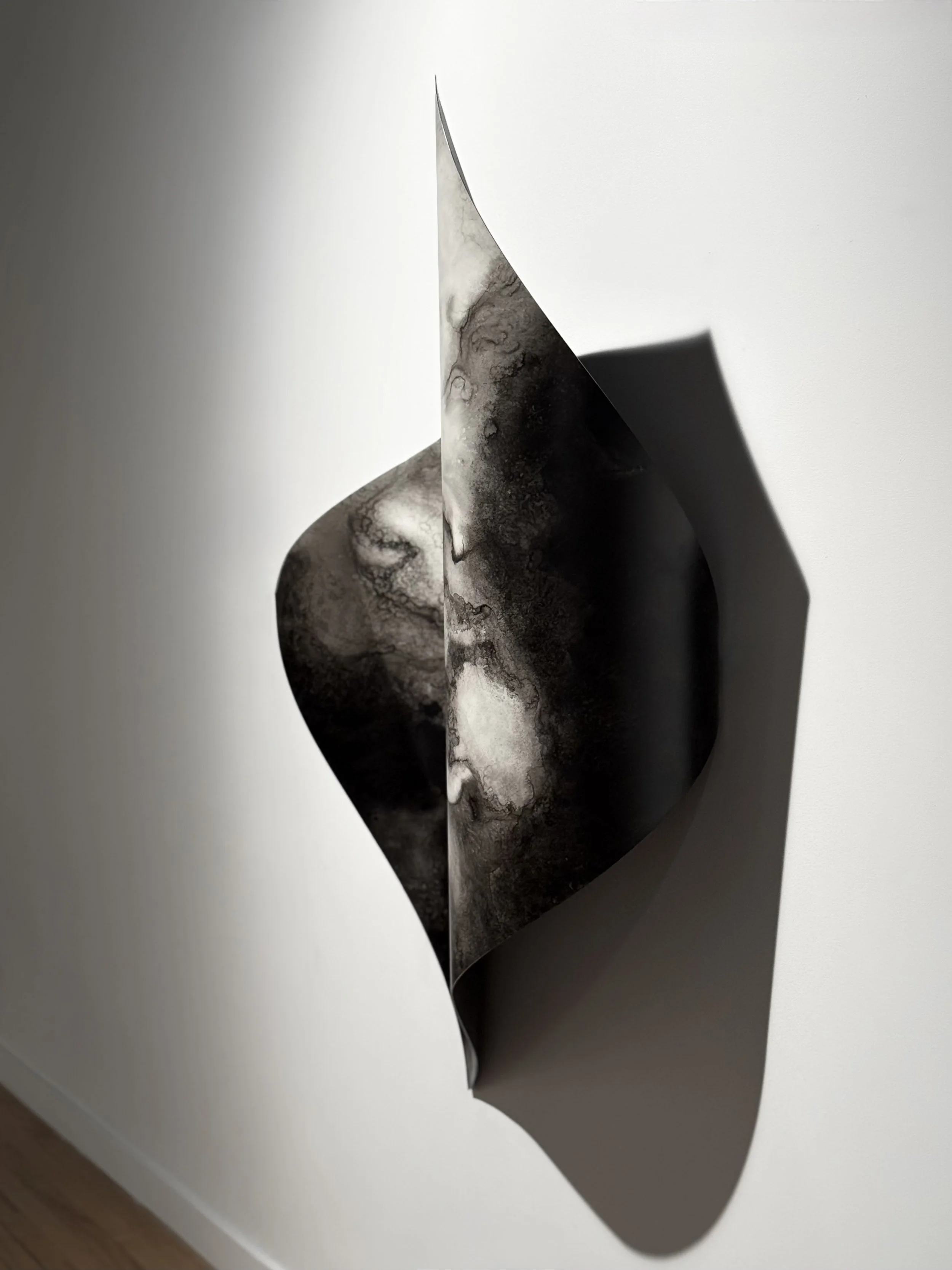 Flot, 2025 (1/3),
Emy Gagnon Gélinas, Encre de Chine, papier Yupo et acier | India ink, Yupo paper and steel,
91 cm × 122 cm × 60 cm, 3,900$ CAD (individuel)