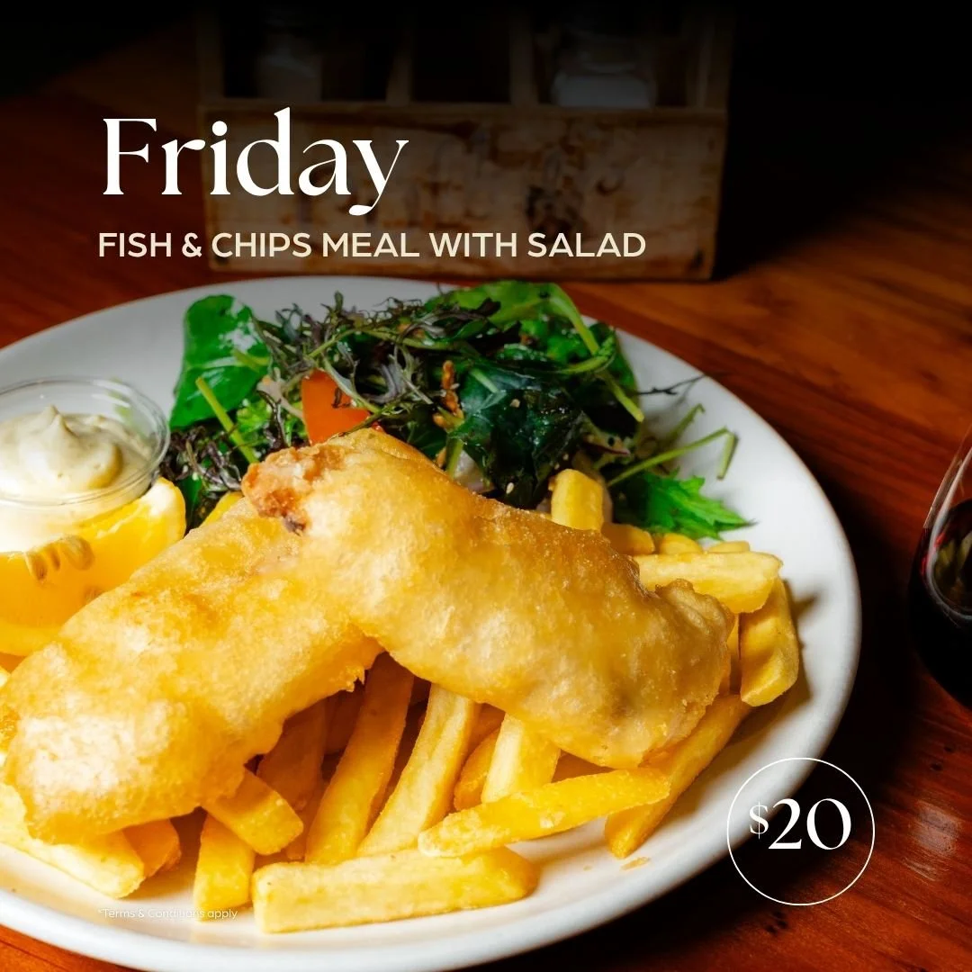 Plate of fried fish and chips with salad, text advertising Fish N Chip Friday special for $20 