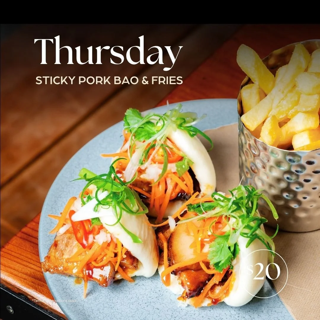 Sticky Pork Bao Buns with fries for $20