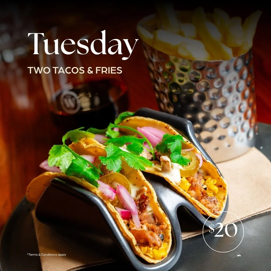 Taco Tuesday, 2 tacos, fries and a drink for $20