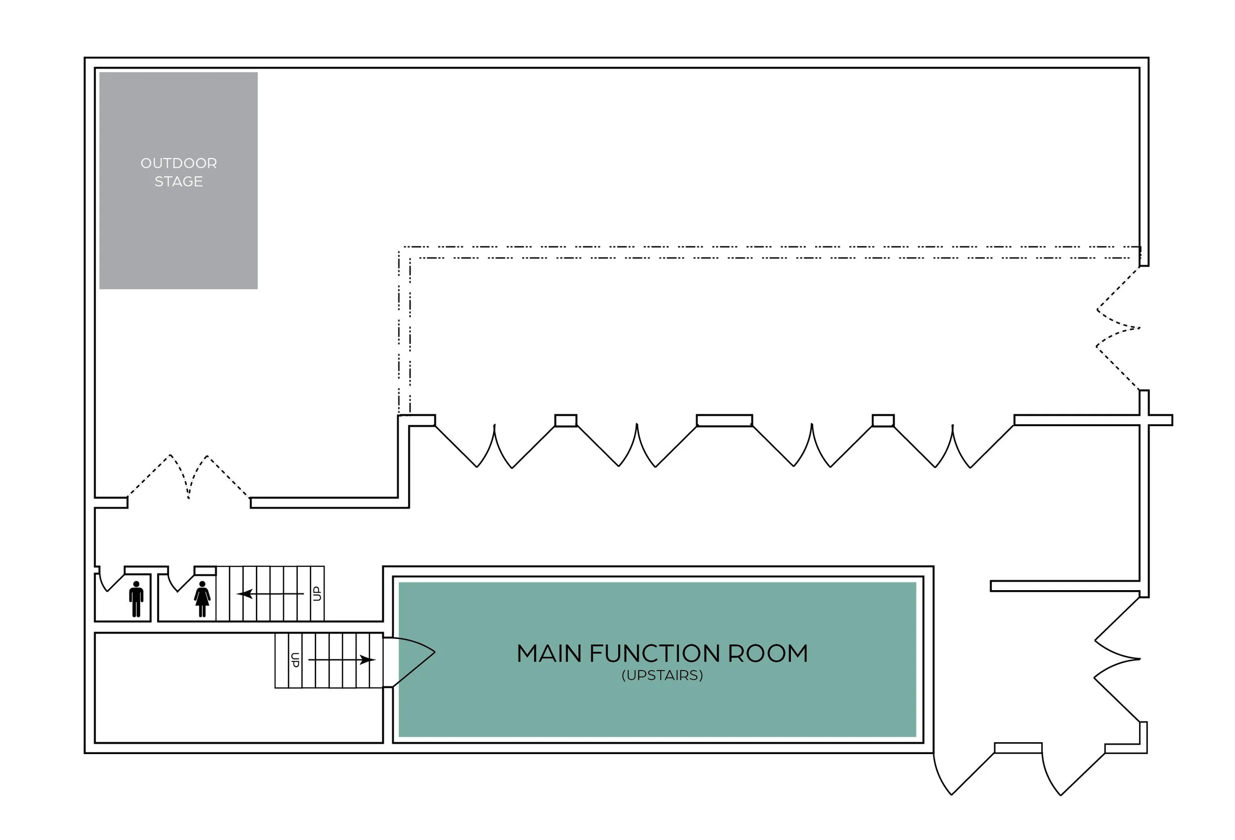 Floor plan of a main function room upstairs with adjacent outdoor stage and labeled restrooms.