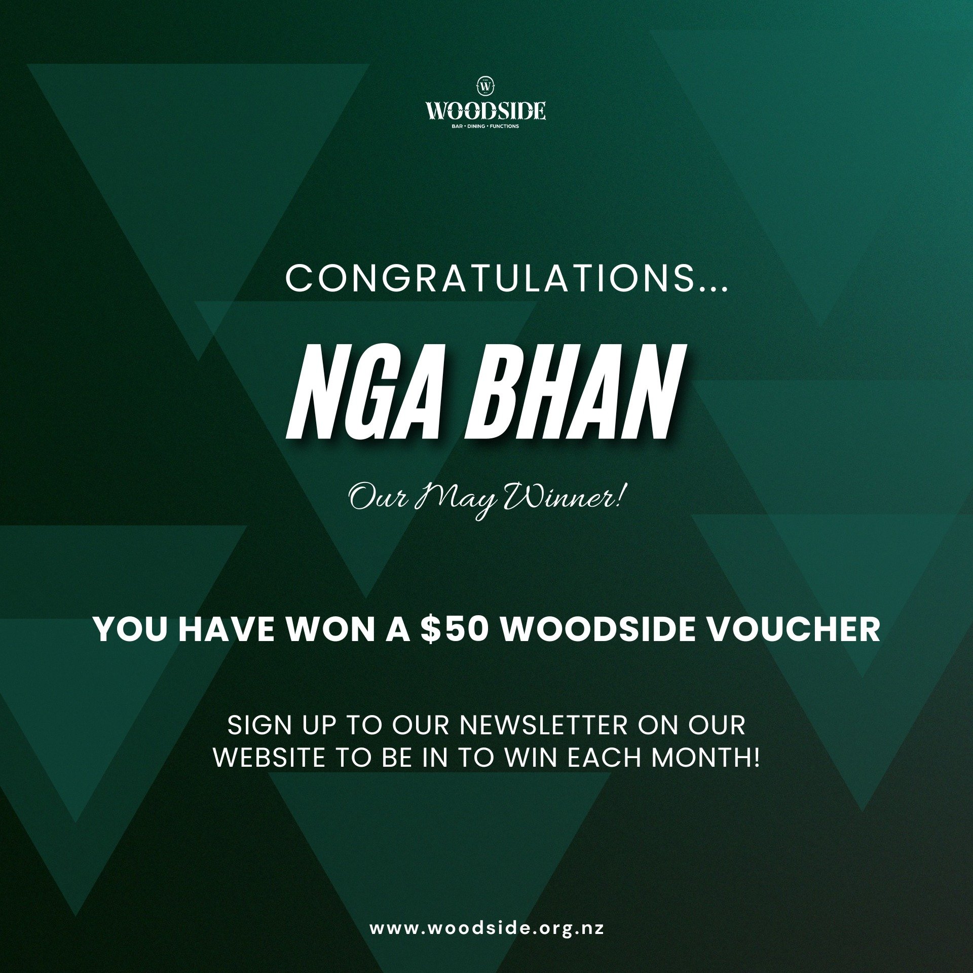 𝑪𝒐𝒏𝒈𝒓𝒂𝒕𝒖𝒍𝒂𝒕𝒊𝒐𝒏𝒔 Nga Bhan - you are the winner of a $50 Woodside Voucher for our May draw!

For you chance to be in to win each month - head to our website and sign up to our newsletter where you will find out what's happening at Woodsi