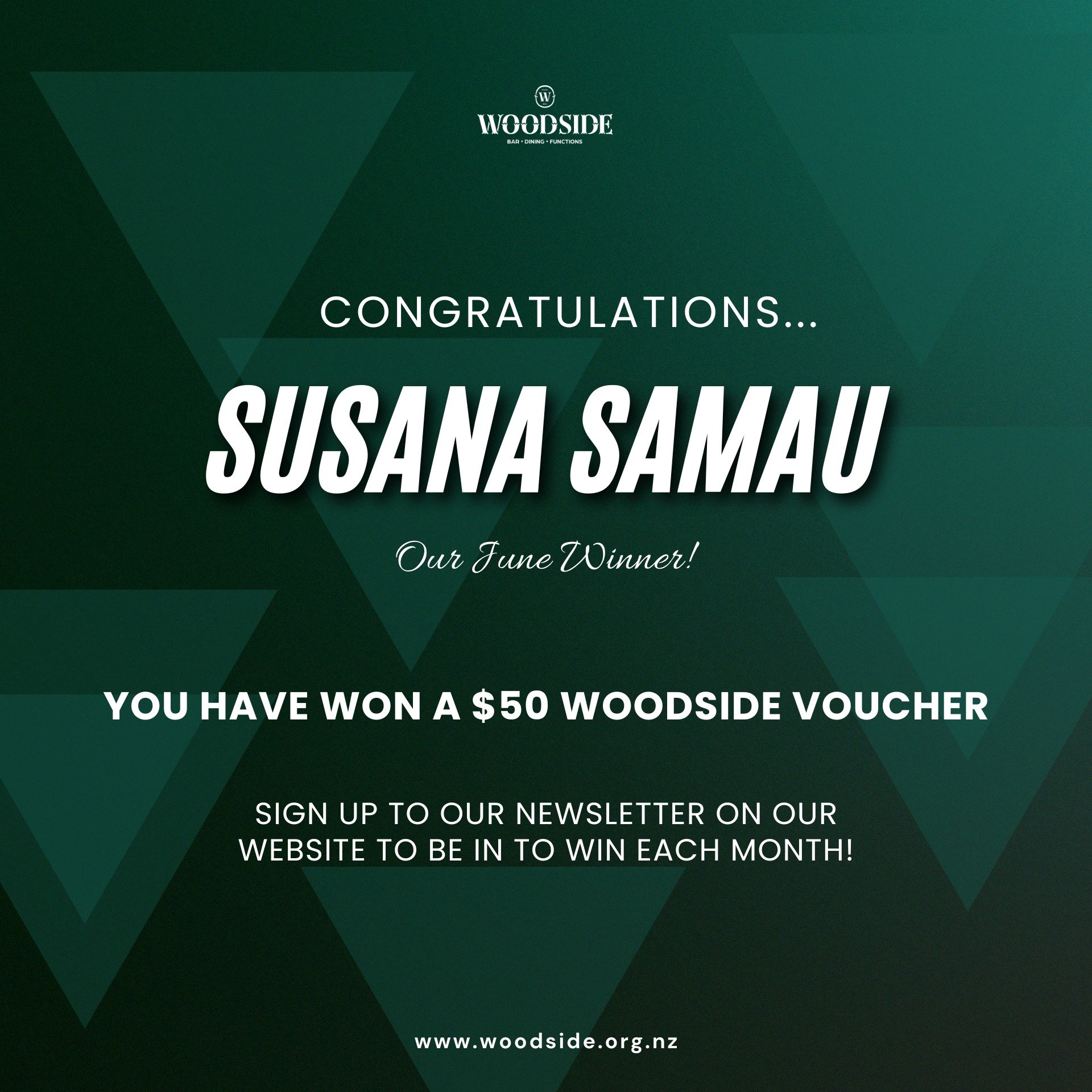 𝑪𝒐𝒏𝒈𝒓𝒂𝒕𝒖𝒍𝒂𝒕𝒊𝒐𝒏𝒔 Susana Samau - you are the winner of a $50 Woodside Voucher for our June draw!

For you chance to be in to win each month - head to our website and sign up to our newsletter where you will find out what's happening at W