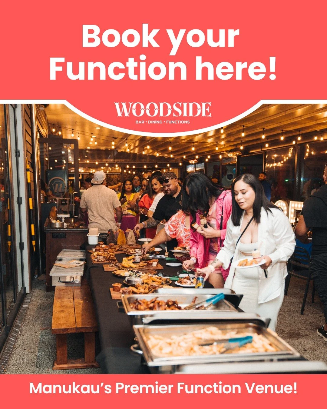 To treat your guests AND  have the most talked-about function this season - head to Woodside!

To find out more about catering, and all the finer details head to our website:
www.woodside.org.nz/functions

(Check if your date is free - fill in the en