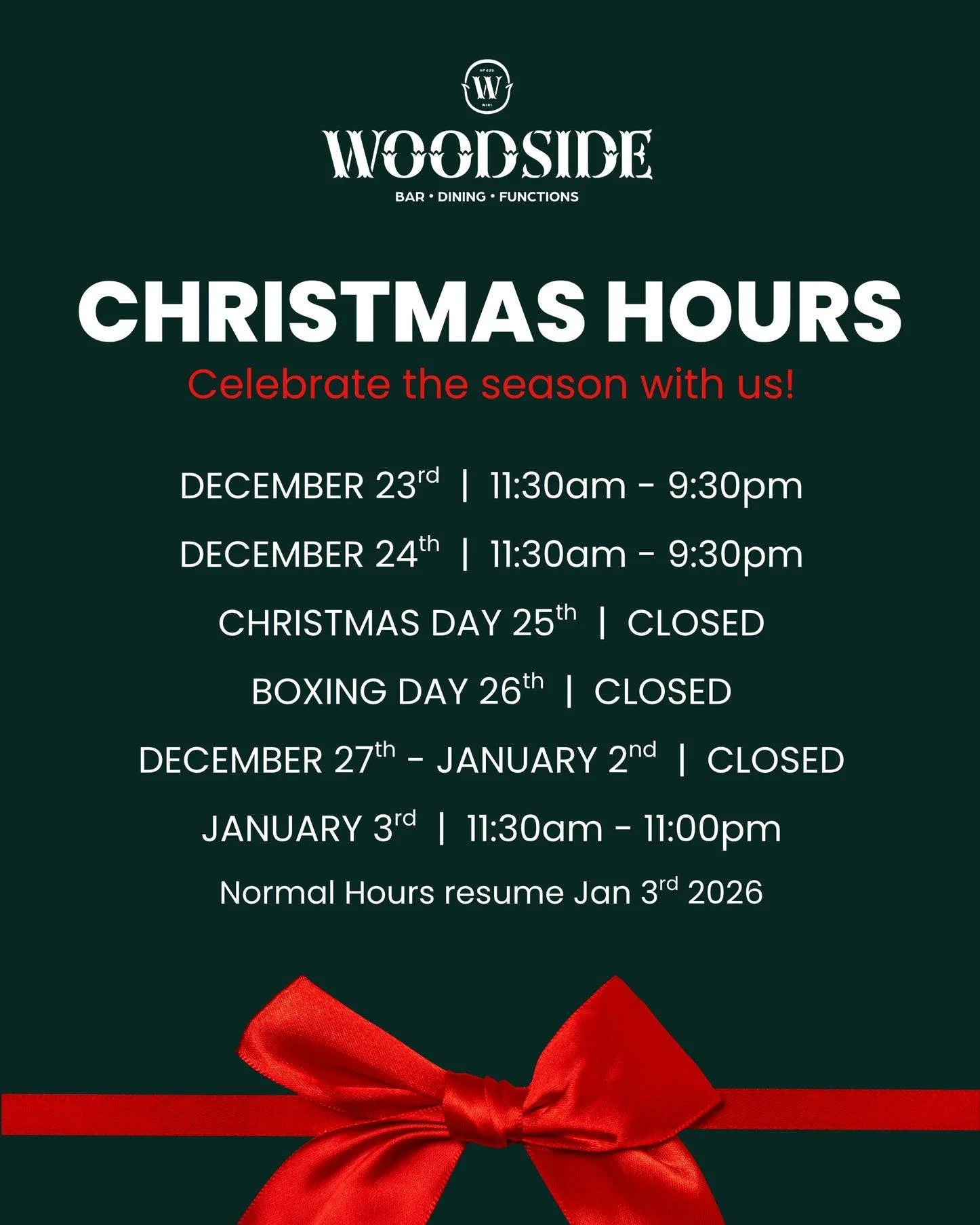 Plan your festive catch-ups early! Here are our Christmas hours for the festive season🎄🧑&zwj;🎄🎊🎅