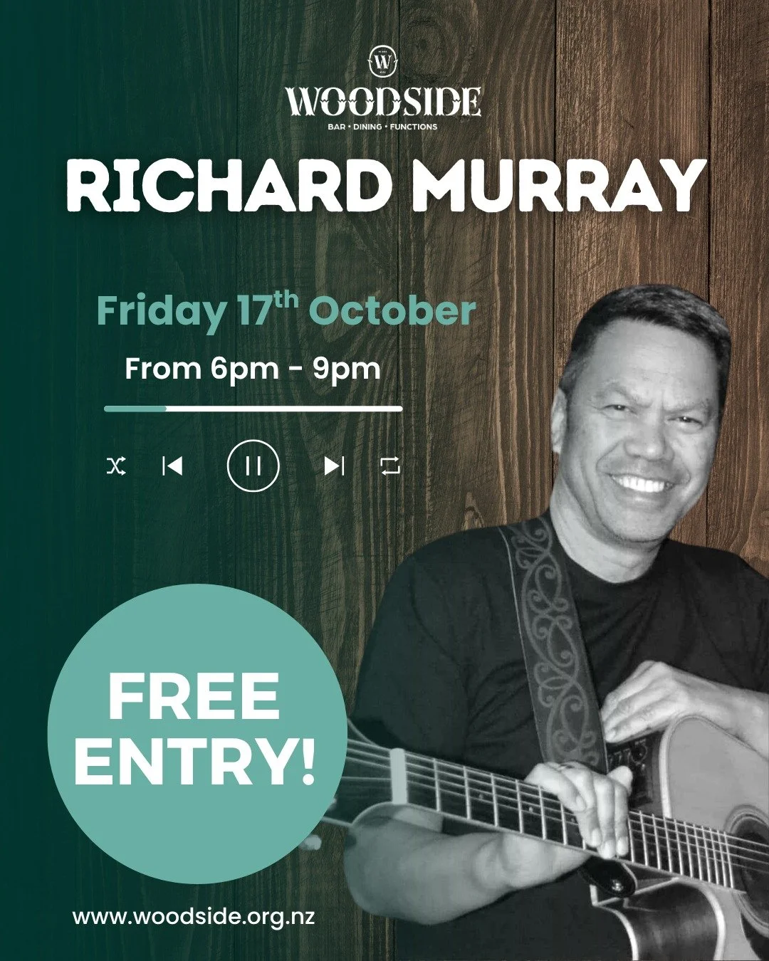This Friday we have Richard Murray in the house to make that weekend atmosphere come alive! Book your table for an end-of-week wind-down. Cold drinks🍻 tasty bites🥗 and live tunes!🎸
www.woodside.org.nz/book-a-table

@richymuso