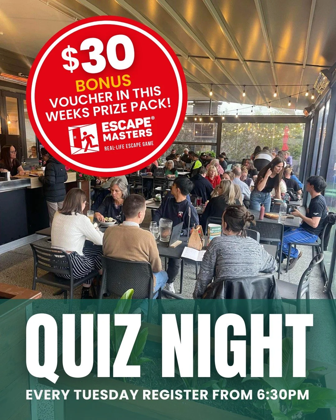 Quiz Night just got even BETTER 🙌 thanks to @escapemastersmanukau we have a bonus $30 Escape Masters Voucher added in to the prize pool!

Tuesday night, register from 6:30pm, see you there ✅