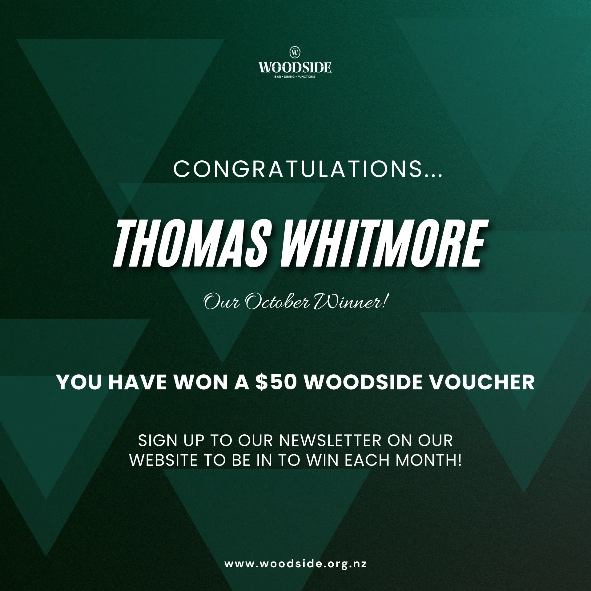 𝑪𝒐𝒏𝒈𝒓𝒂𝒕𝒖𝒍𝒂𝒕𝒊𝒐𝒏𝒔 Thomas - you are the winner of a $50 Woodside Voucher for our October draw!

For your chance to be in to win each month - head to our website and sign up to our newsletter where you will find out what's happening at Woo