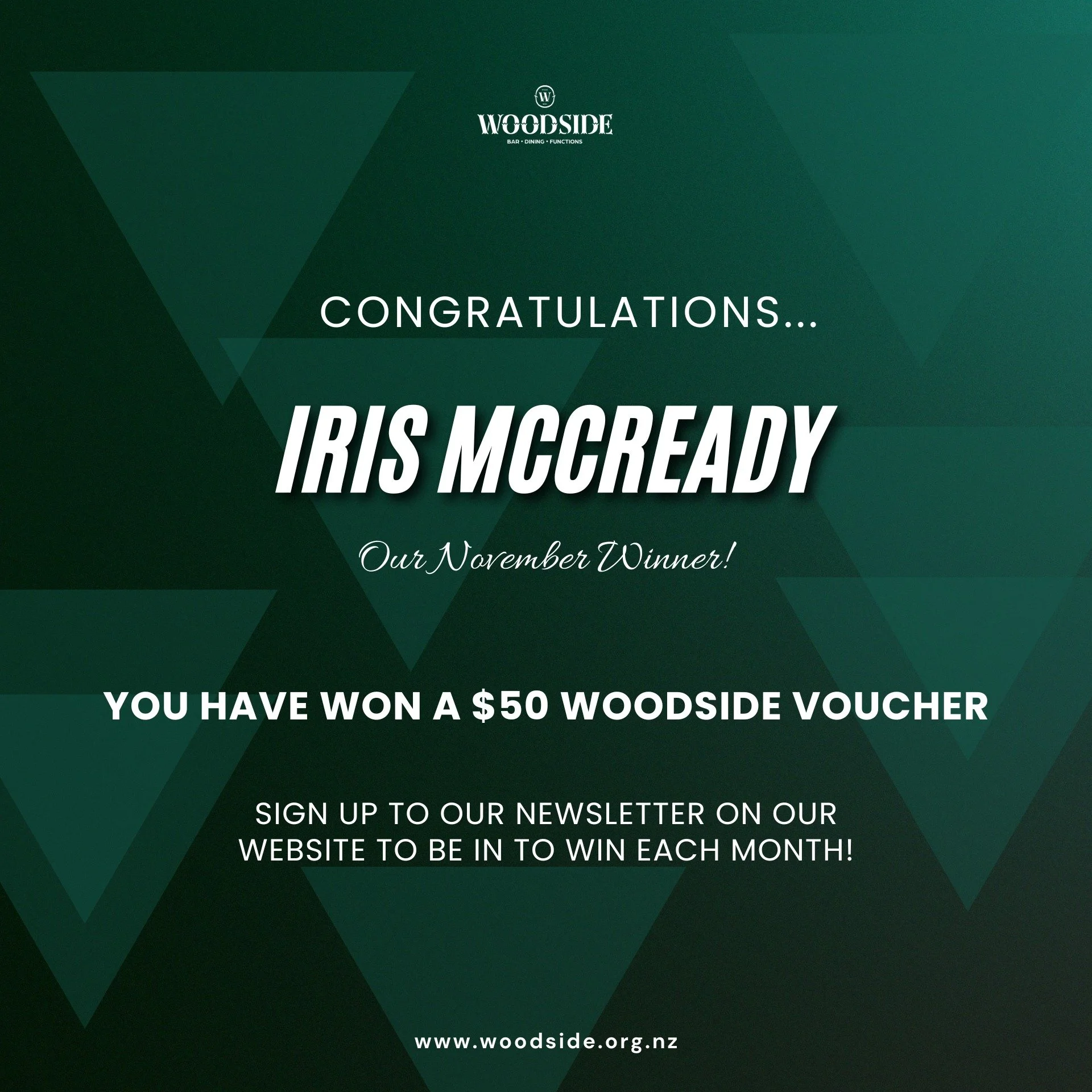 𝑪𝒐𝒏𝒈𝒓𝒂𝒕𝒖𝒍𝒂𝒕𝒊𝒐𝒏𝒔 Iris - you are the winner of a $50 Woodside Voucher for our November draw!

For your chance to be in to win each month - head to our website and sign up to our newsletter where you will find out what's happening at Wood
