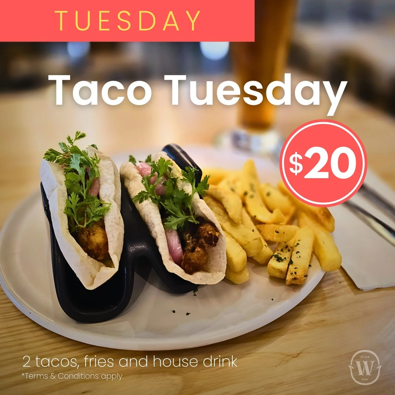 🌮 TACO TUESDAY IS ON! 🌮
Get 2 tacos + fries + a house drink for just $20 &ndash; the perfect midweek treat that won&rsquo;t break the bank.
Bring your mates, bring your appetite! 🎉