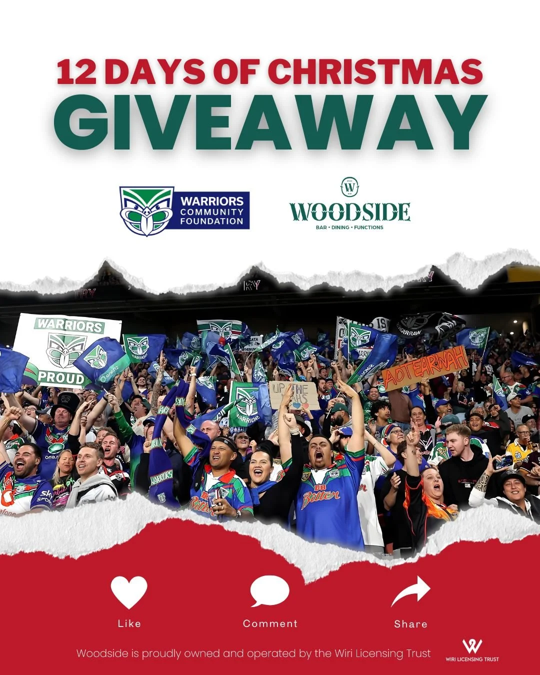 🎄 12 Days of Christmas Giveaways &ndash; Day 3! 🎄
Today&rsquo;s prize is one for the Warriors fans!

✨ 4x GA tickets to an NRL game at Go Media Stadium during the 2026 NRL season AND a $100 @woodside_bar_kitchen voucher! ✨
(Game to be confirmed and