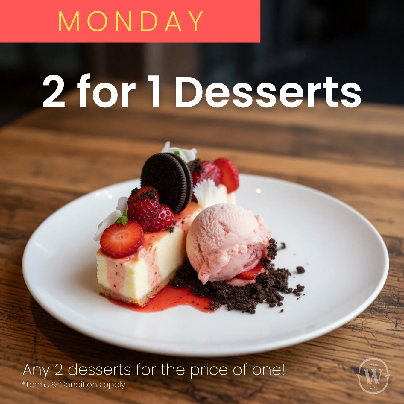 2 for 1 Desserts every Monday!
Choose from Grandma&rsquo;s Crumble to Chocolate Tart, Strawberry Cheesecake or a Chef&rsquo;s Scoop&hellip; double the dessert, same price.

Dine in. Mondays only. 🍨✨