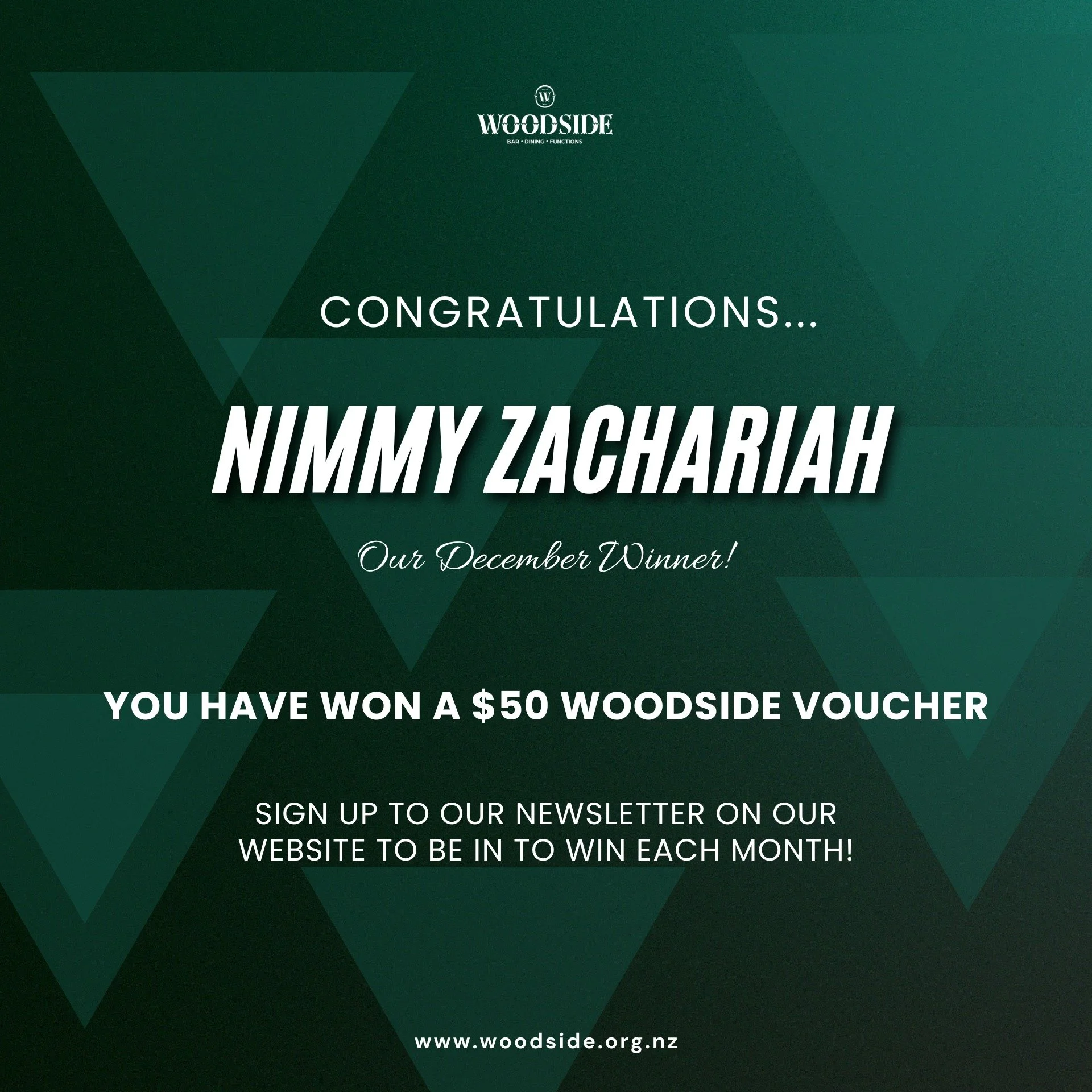 𝑪𝒐𝒏𝒈𝒓𝒂𝒕𝒖𝒍𝒂𝒕𝒊𝒐𝒏𝒔 Nimmy - you are the winner of a $50 Woodside Voucher for our December draw!

For your chance to be in to win each month - head to our website and sign up to our newsletter where you will find out what's happening at Woo
