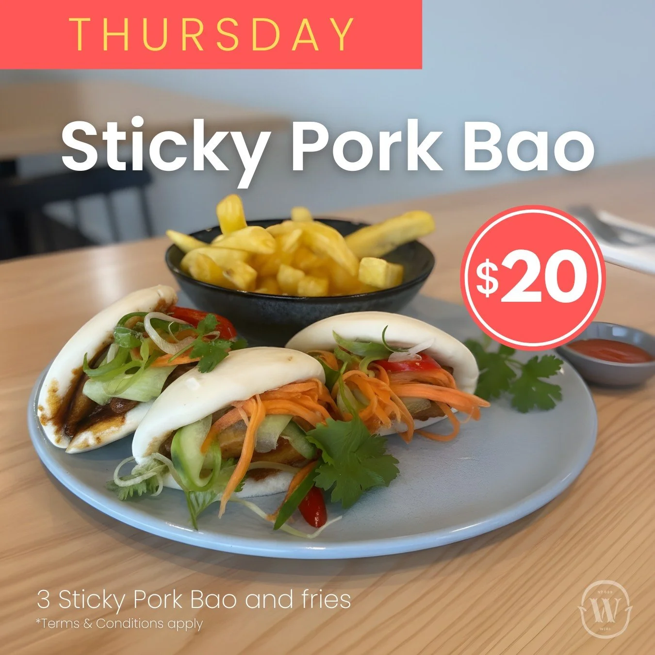 Thursday's Special 👀  3 Sticky Pork Bao and fries for $20!