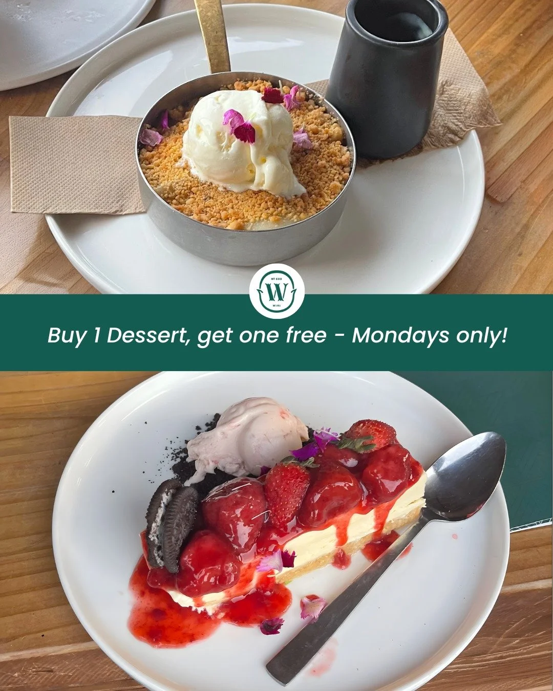 Monday's are sweeter at Woodside.
Buy one dessert, get one free - every Monday!

Grandma&rsquo;s Crumble, Chocolate Tart, Strawberry Cheesecake or the Chef&rsquo;s Scoop. Dine in on Mondays and make dessert the plan. 🍰

www.woodside.org.nz/menu
