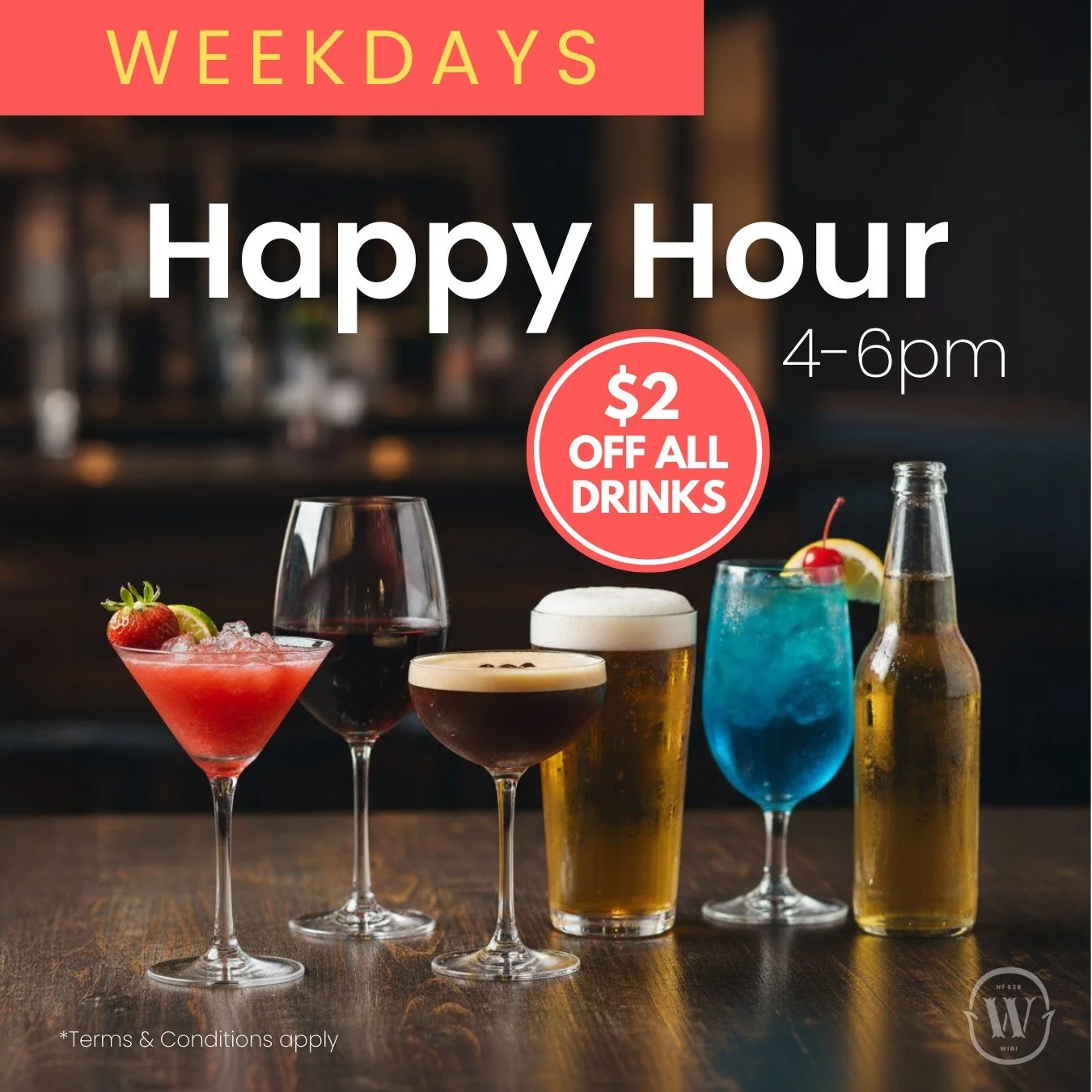 Weekdays from 4&ndash;6pm we&rsquo;re pouring good times with $2 off drinks* at Woodside. Pull up a seat!
.
.
*Terms &amp; Conditions apply, not applicable to Towers.