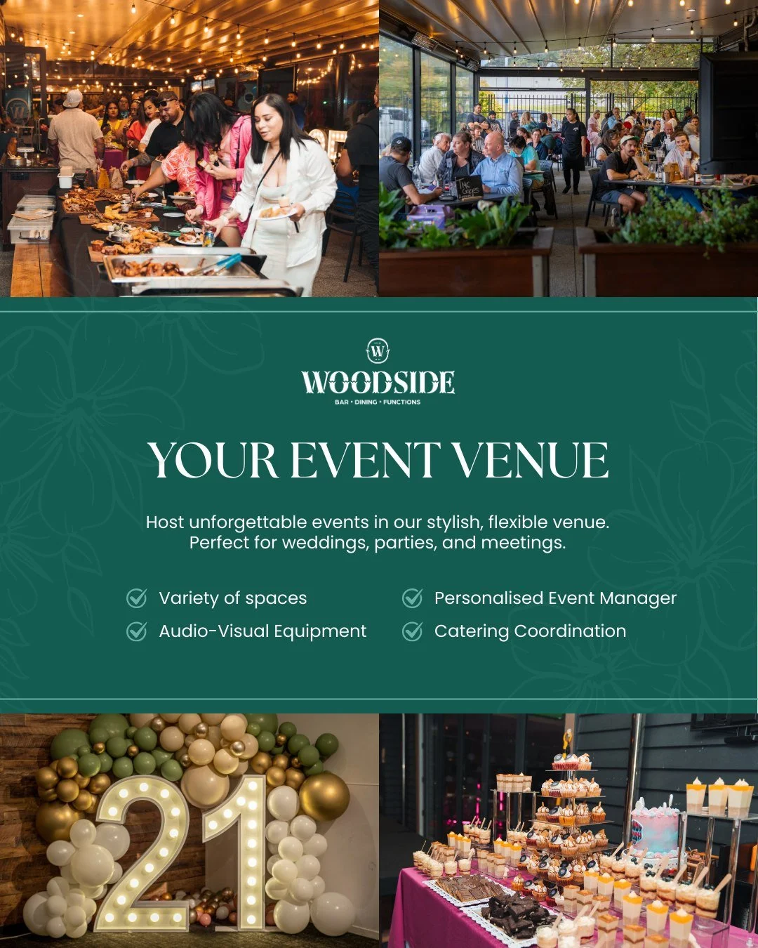 Host an unforgettable event in our stylish, flexible venue!
Weddings, Birthdays, Business Functions, Graduations or anything that deserves a celebration - get in touch with our friendly team today to talk about options.

For a no-obligation enquiry: 