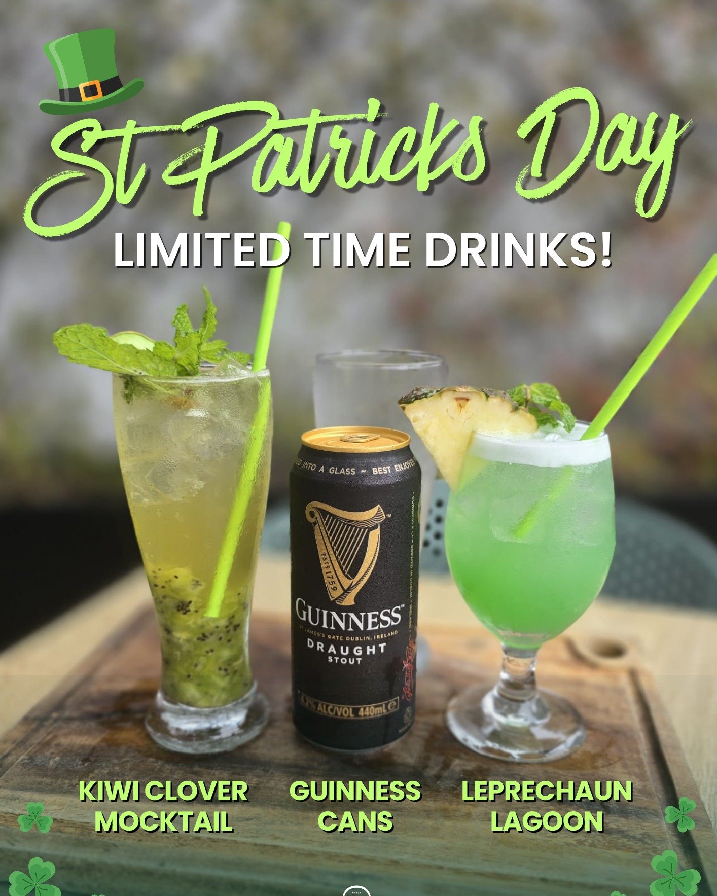 🍀 Something green is tomorrow&hellip;
It's St Patricks at Woodside tomorrow and we&rsquo;ve mixed up a couple of special drinks just for the occasion!

🍀 Kiwi Clover Mocktail &ndash; a sparkling blend of kiwi, mint and apple
🍀 Leprechaun Lagoon Co