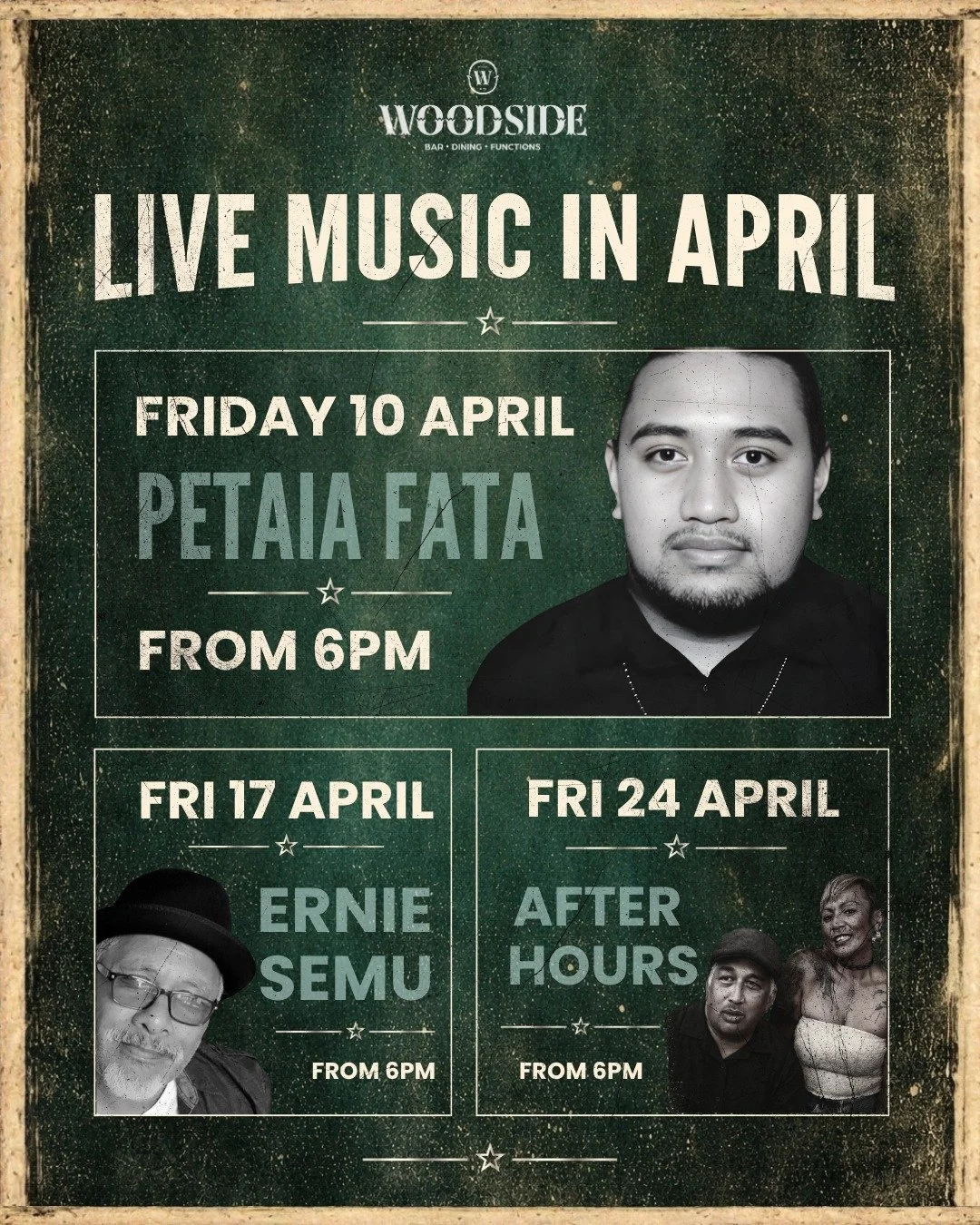 April nights with live entertainment at Woodside 🎶

✨ 10th April - @petaiafatamusic 
✨ 17th April - @ernestsemu 
✨ 24th April - After Hours

Good tunes and the perfect excuse to stay a little longer!