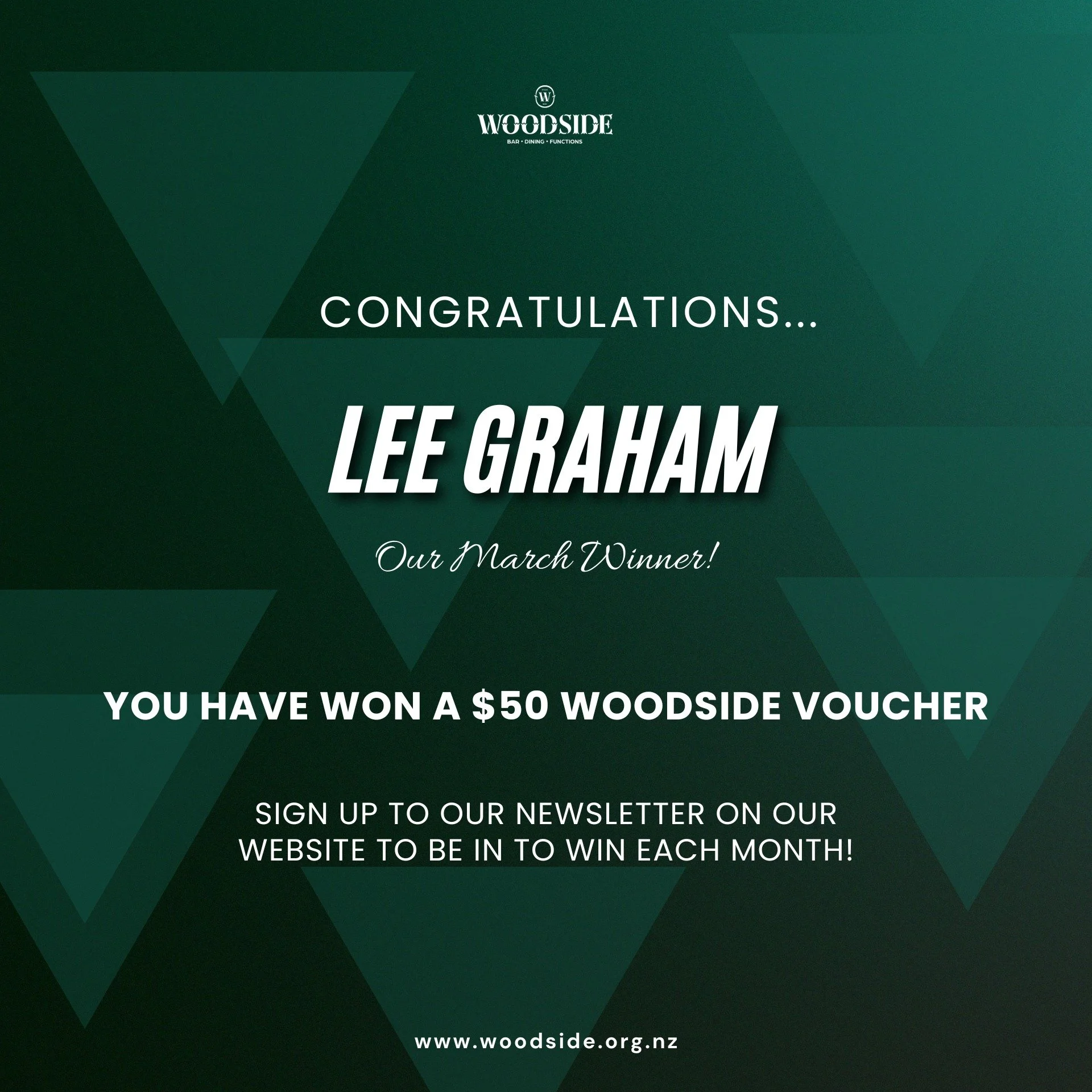 𝑪𝒐𝒏𝒈𝒓𝒂𝒕𝒖𝒍𝒂𝒕𝒊𝒐𝒏𝒔 Lee - you are the winner of a $50 Woodside Voucher for our March draw!

For your chance to be in to win each month - head to our website and sign up to our newsletter where you will find out what's happening at Woodside