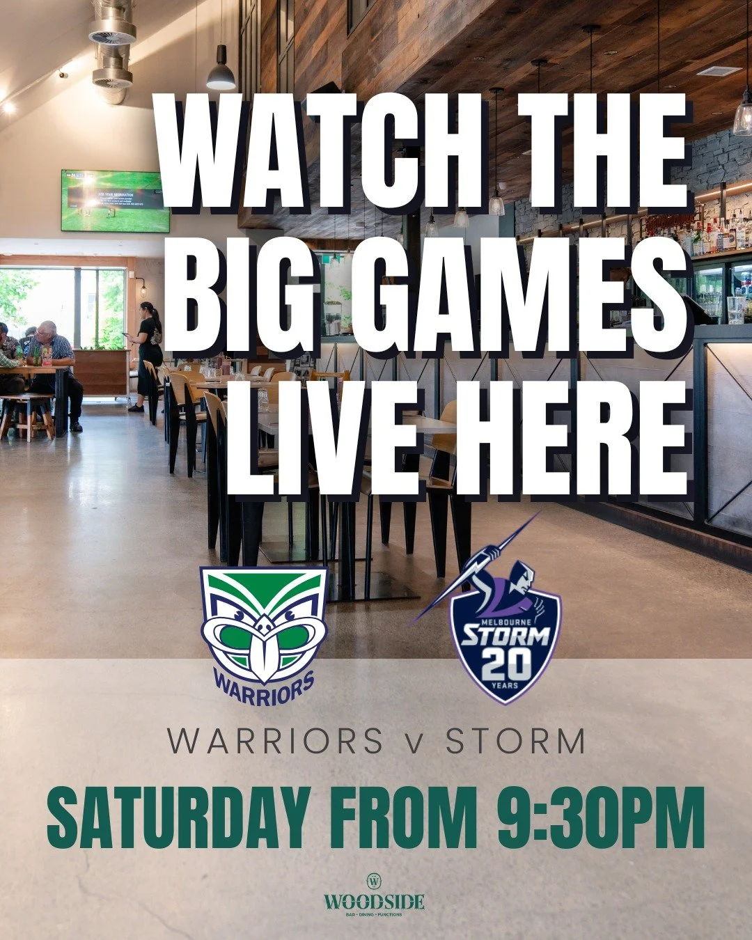 🏉 Game on this Saturday.
We&rsquo;re screening the Warriors vs The Storm LIVE kick-off at 9:30pm - cold drinks ready, seats waiting!
