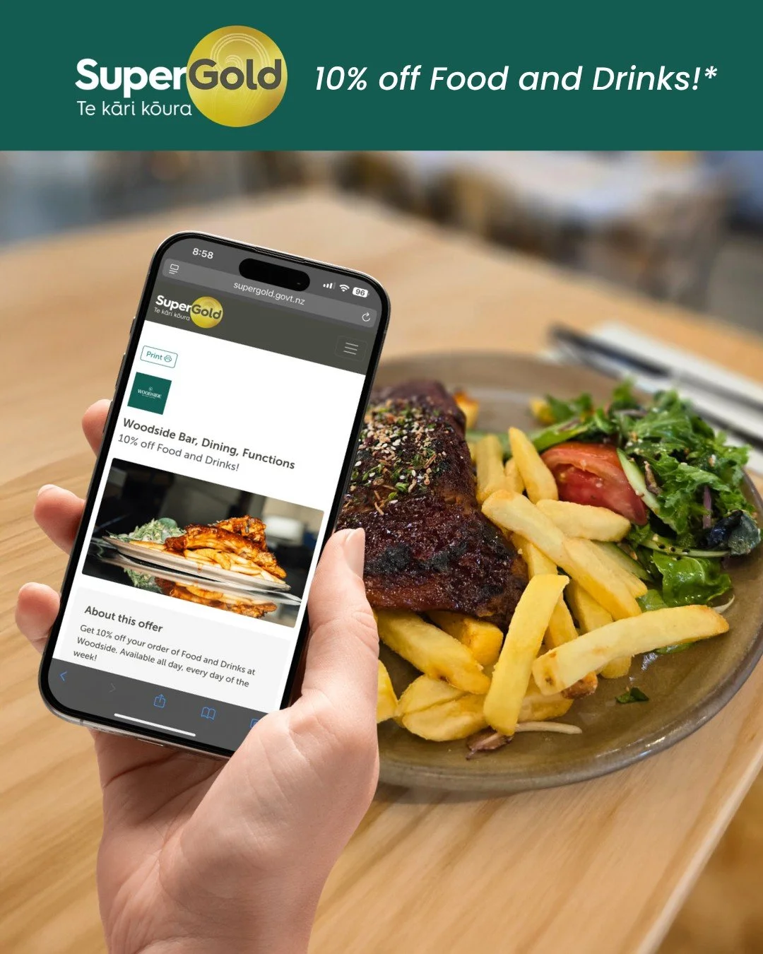Enjoy your meal at Woodside with 10% off for SuperGold card holders! Available all day, every day of the week 😄