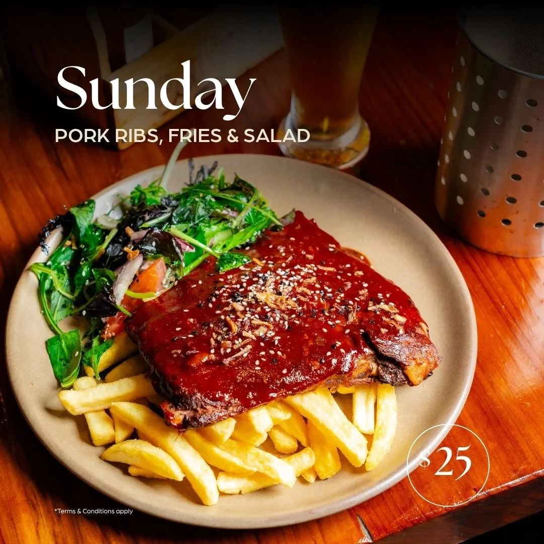 BBQ Pork Ribs, fries and salad for a special price of $25 on Sunday