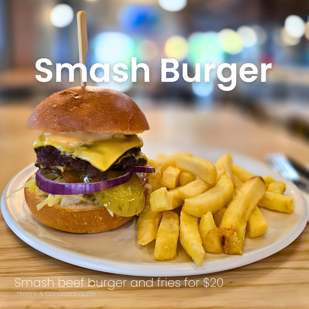 Plate of smashburger with fries for $20