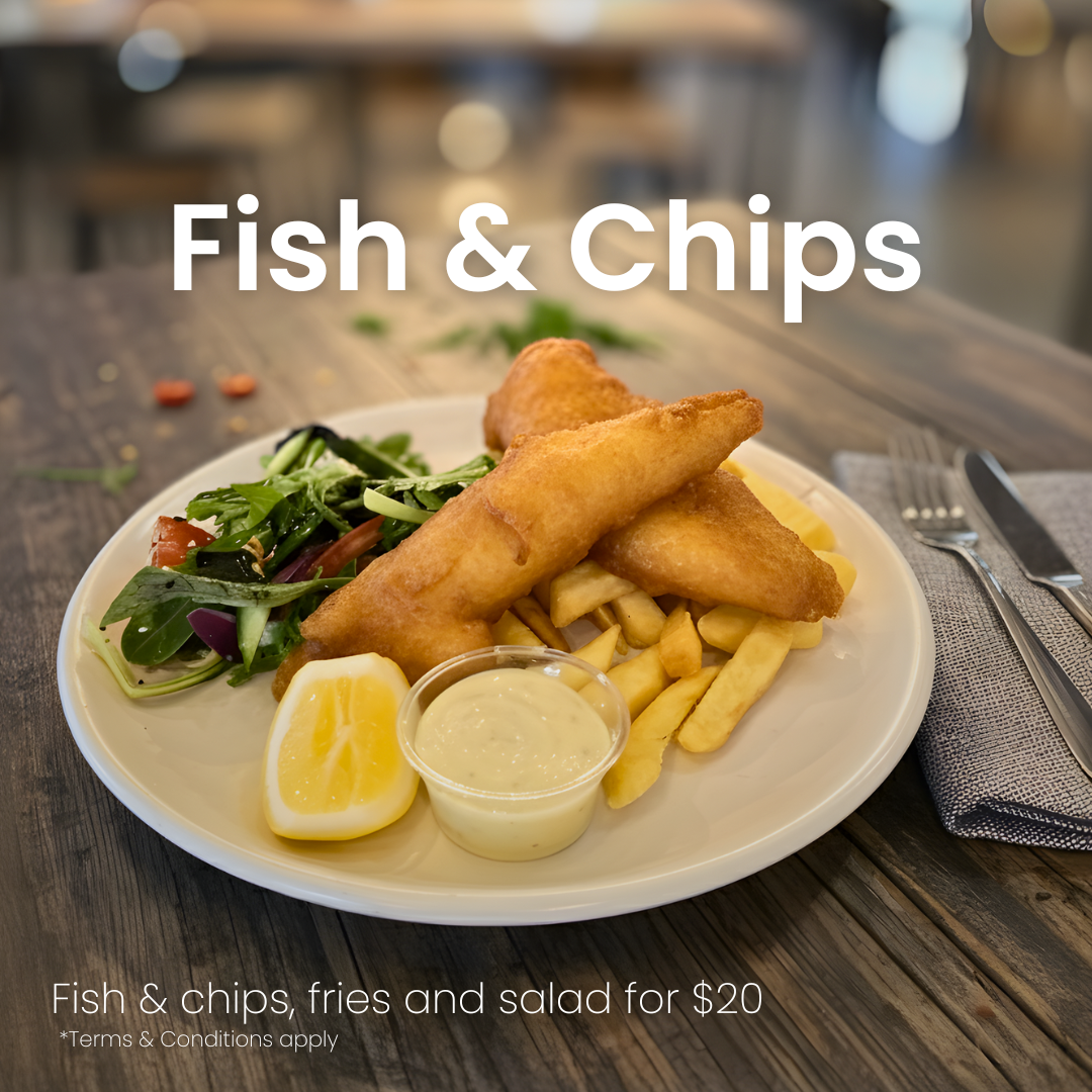 Plate of fried fish and chips with salad, text advertising Fish N Chip Friday special for $20 