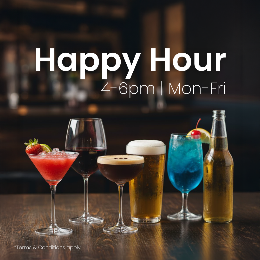 Assorted cocktails and beverages on a wooden table with various garnishes such as mint, lemon, and cucumber. Text overlay announces 'Happy Hour, $2 off all drinks! 4PM - 6PM.'