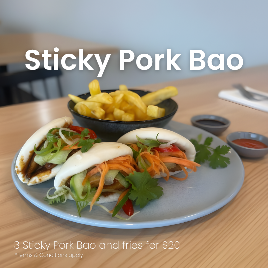 Sticky Pork Bao Buns with fries for $20