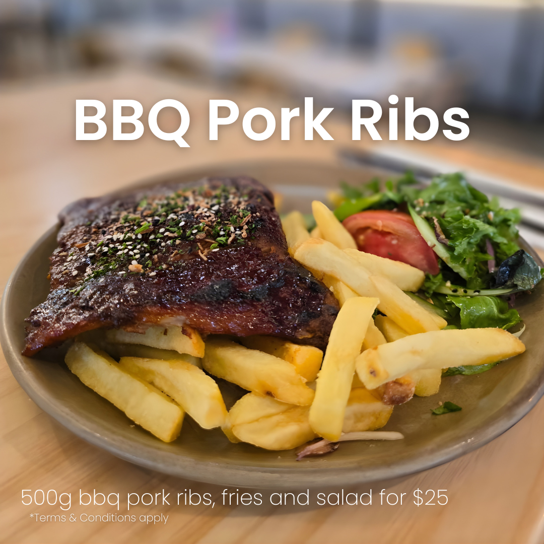BBQ Pork Ribs, fries and salad for a special price of $25 on Sunday