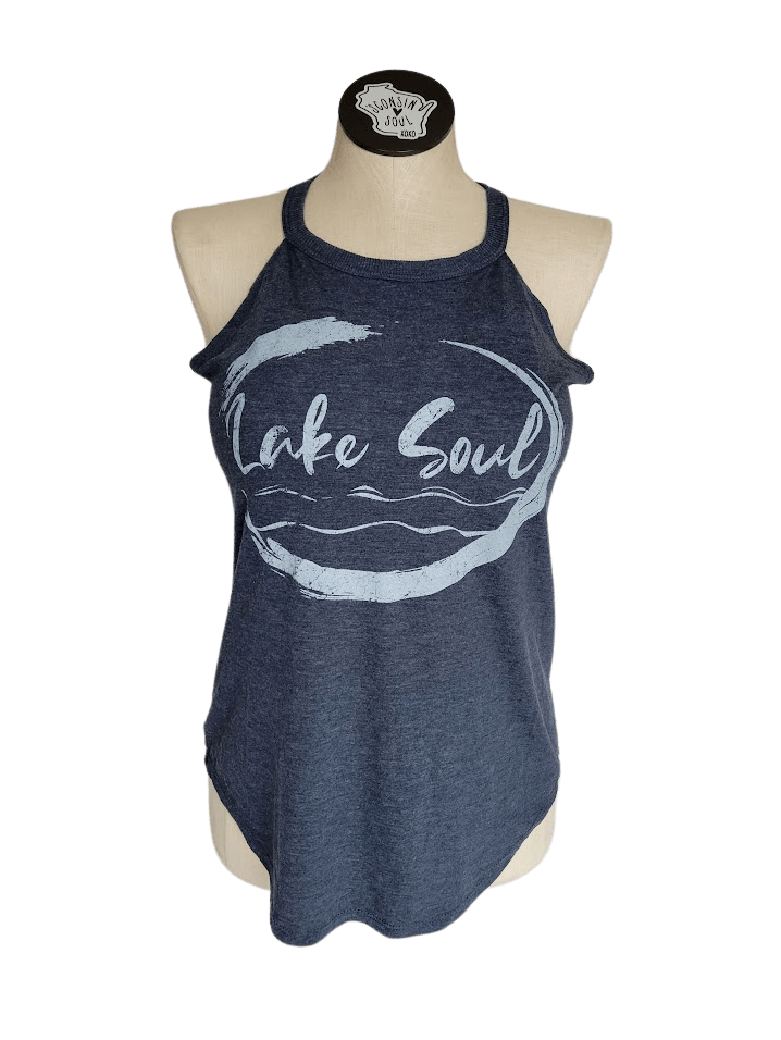 Navy blue ladies tank with water graphic on front reading Lake Soul