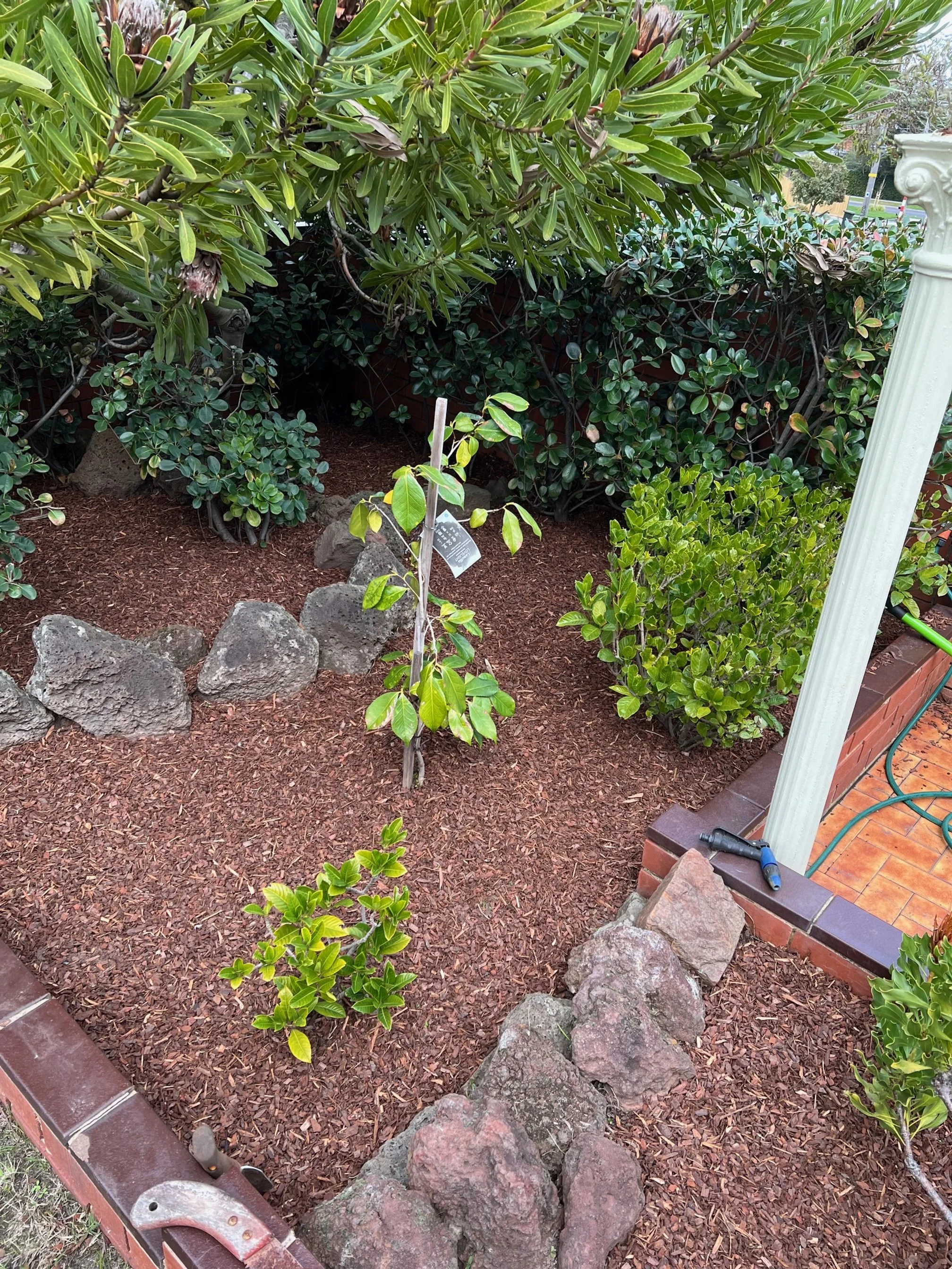Garden bed with various green plants, rocks, and mulch, bordered by bricks and a white porch column on the right.