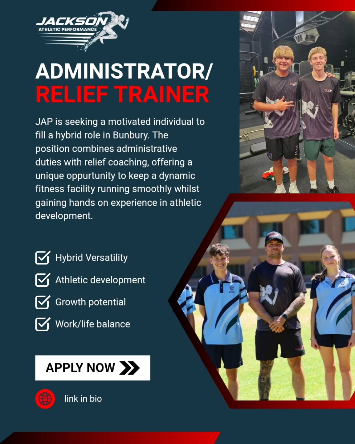 We're hiring! Join the team at Jackson Athletic Performance. Bunbury's premier destination for high performance training. We're looking for a proactive multitasker who is as comfortable managing the desk as they are stepping out onto the gym floor. 
