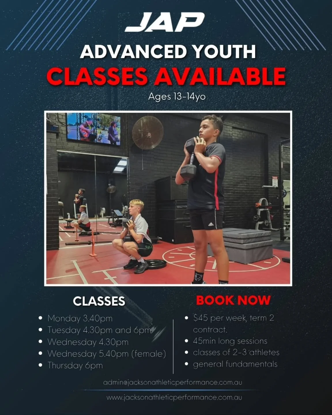 ​Advanced Youth Class spots are available for athletes aged 13&ndash;14.

For clarification advanced youth simply means preparing the athlete to be ready to perform a comprehensive program. If your athlete is looking to hit the ground running this of