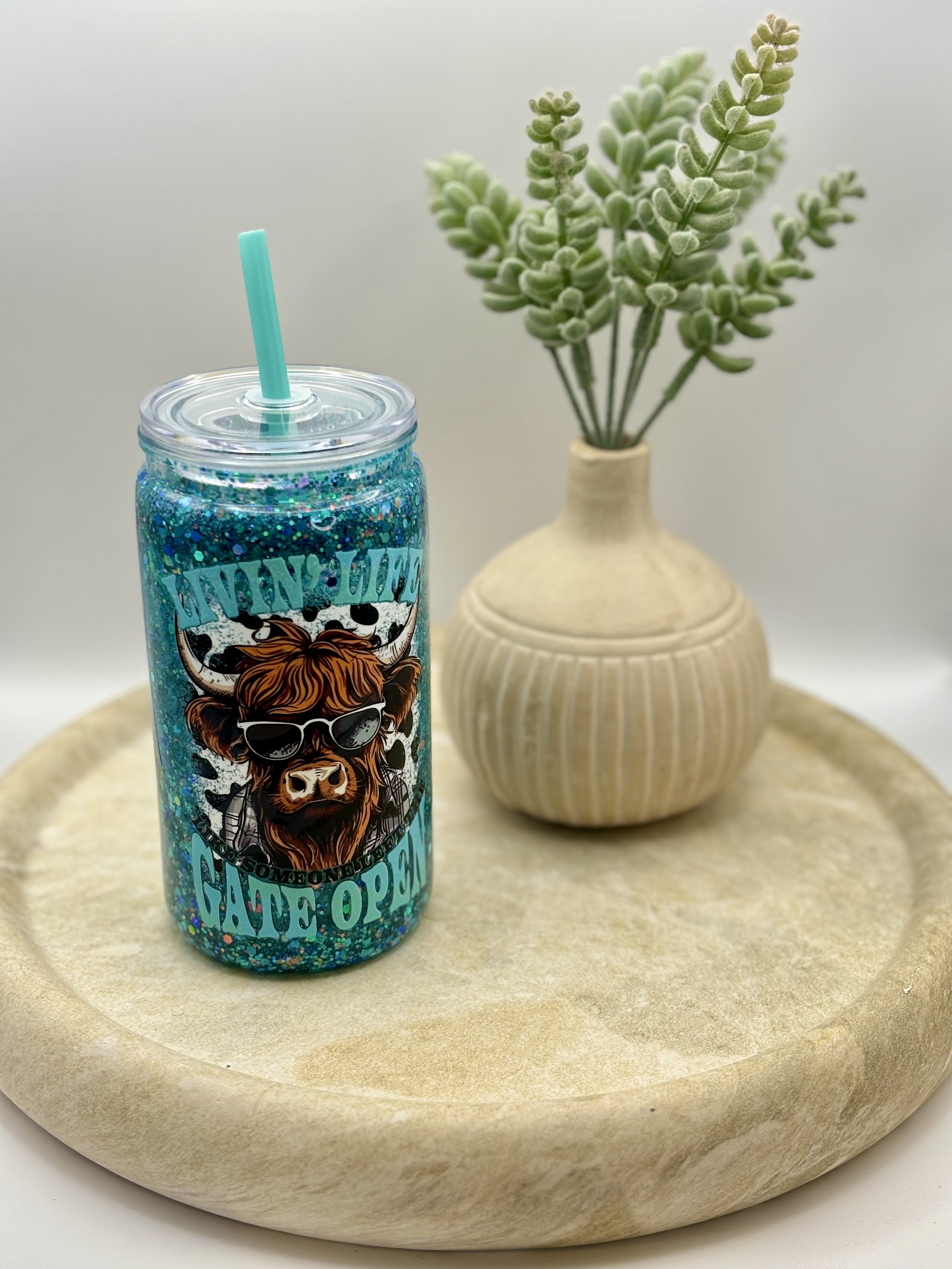 Glass 16oz - 'Living Life' Cow