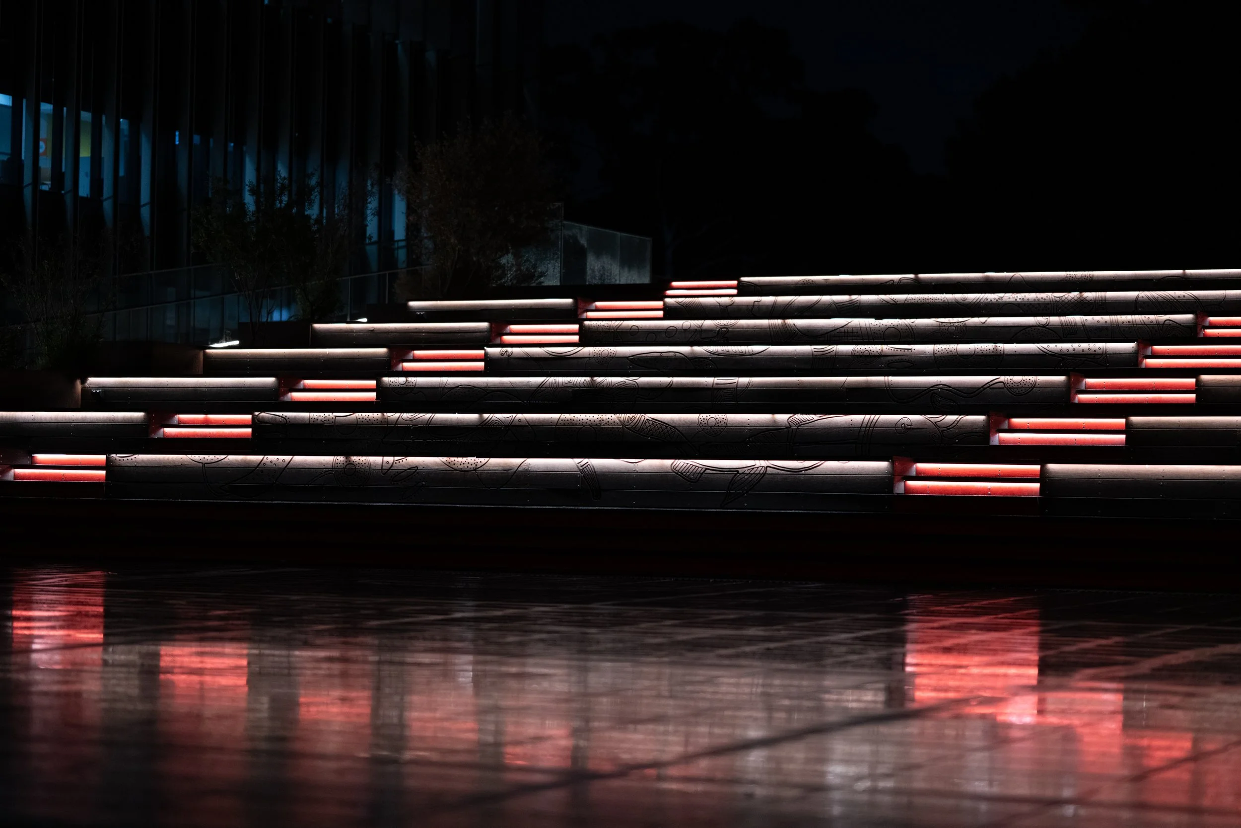 Guruwaal (Whale), Alumni Park, UNSW Kensington Campus, Sydney, Australia. Night photograph by Sepa Sama, connecting stairs, public art, university space, walking, and architectural photography.