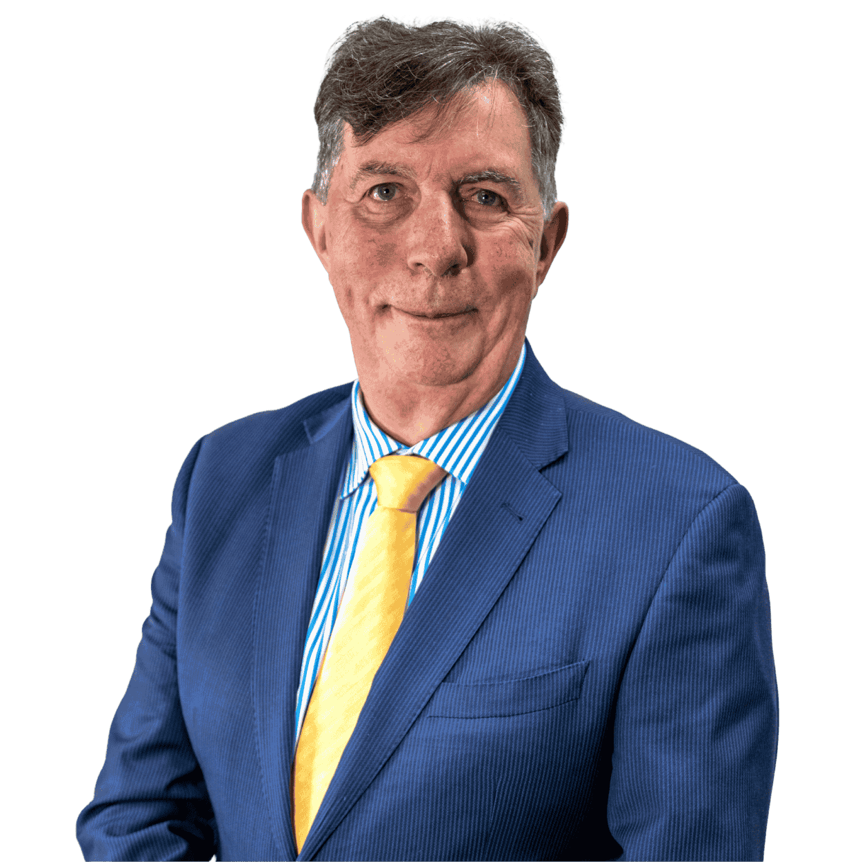 A middle-aged man with gray hair wearing a blue suit, a light blue striped shirt, and a yellow tie, smiling and looking at the camera.