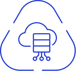 Icon of a cloud with a data server inside and connected lines at the bottom, surrounded by a triangular outline.