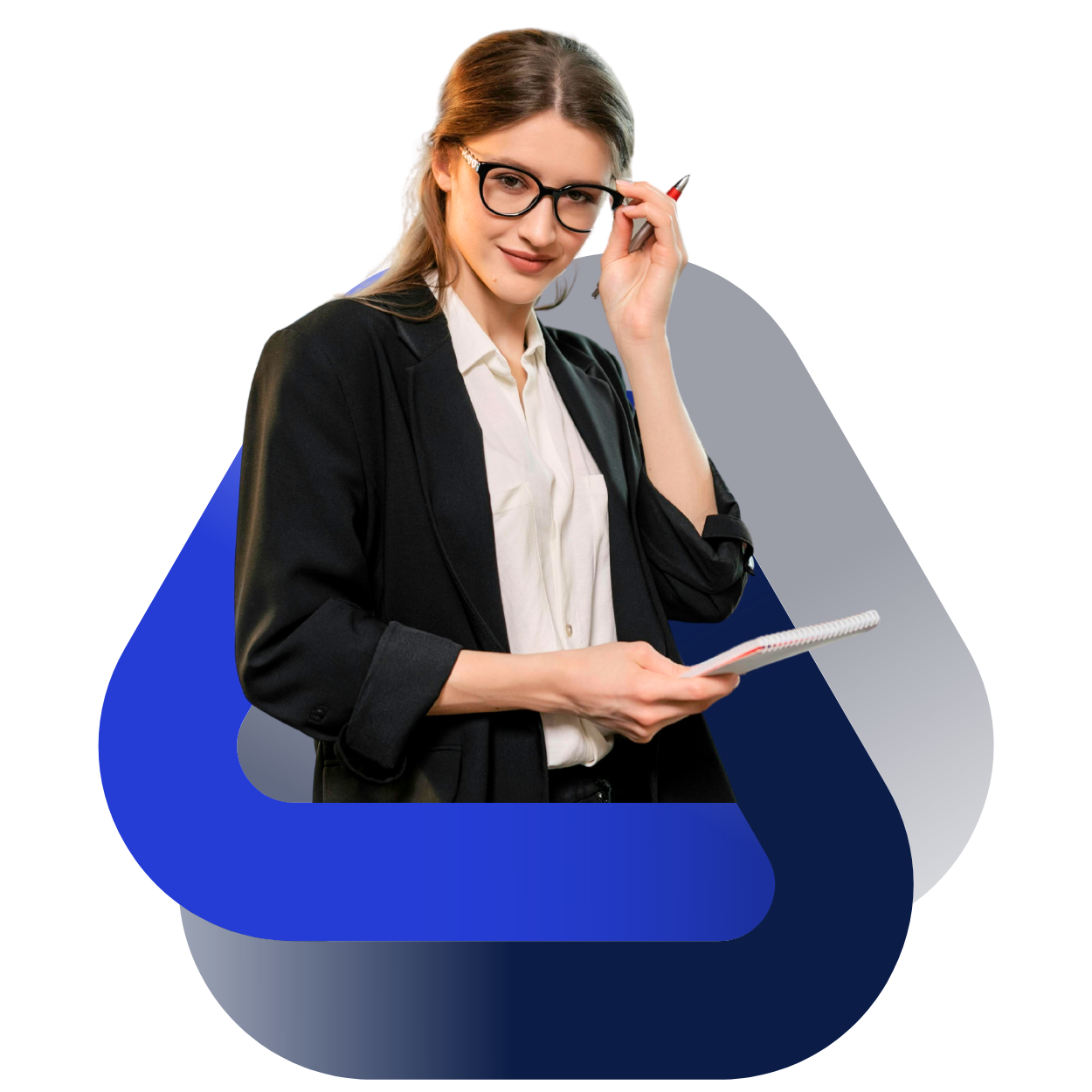 A woman with glasses wearing a white shirt and black blazer holding a notebook and pen, adjusting her glasses with her right hand, standing in front of a graphic background with red, blue, and gray shapes.