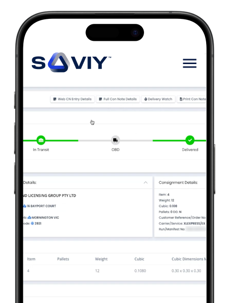Close-up of a smartphone screen displaying the SAVIV logistics app with delivery status, item details, and shipment information.