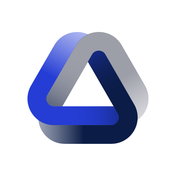 Logo with a blue and gray 3D stylized letter 'A'.