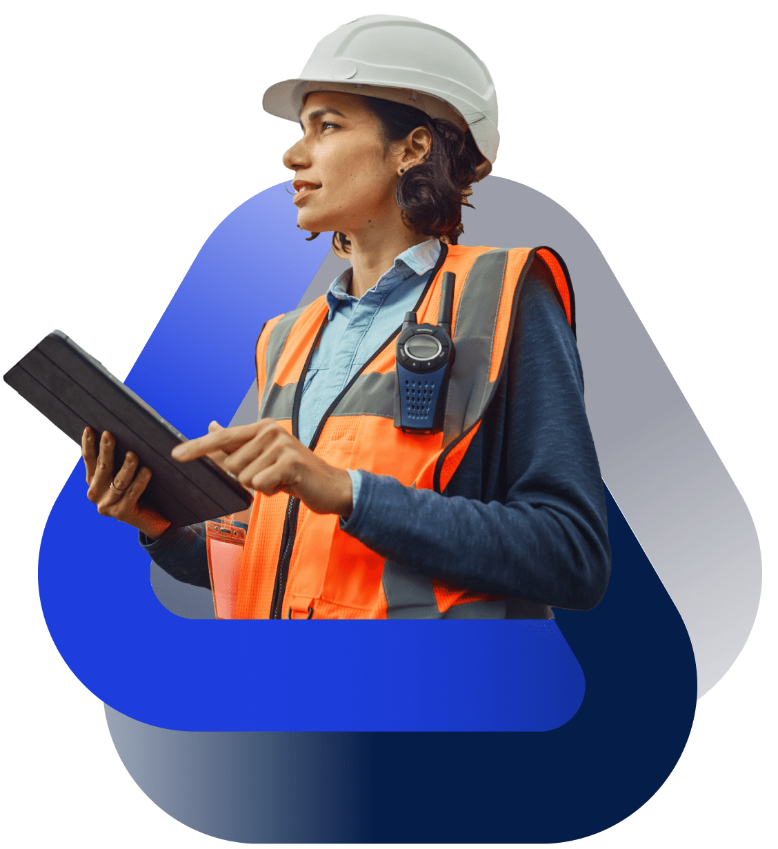 A woman wearing a white hard hat and orange safety vest with gray accents, holding a tablet device, standing against a graphic background with blue and gray shapes.